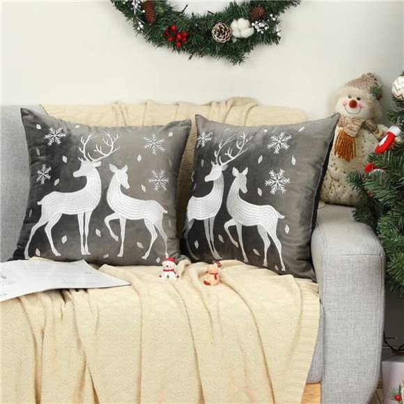 Christmas Throw Pillow Cover, 2 Pack Deer Snowflake Embroidery Decorative - Picture 2 of 8